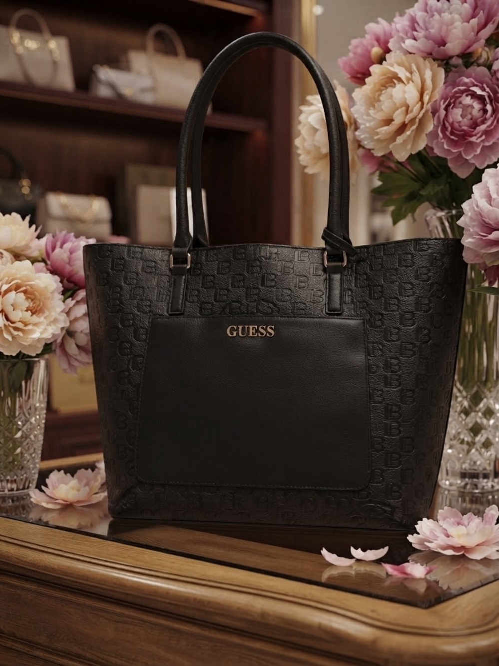 GUESS Women Black Debossed Cuba Carryall Tote